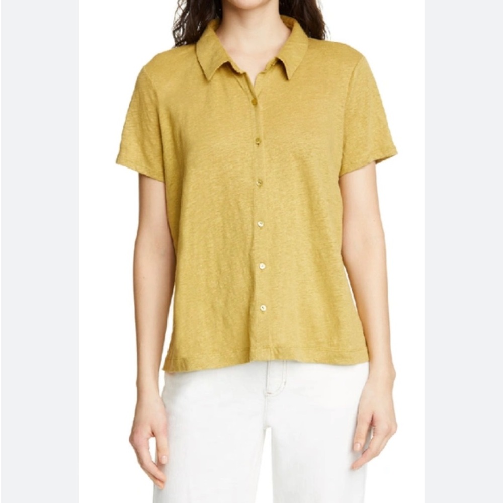 Eileen Fisher Womens XXS BUTTON-FRONT ORGANIC LINEN JERSEY TOP IN LIGHT CHICORY